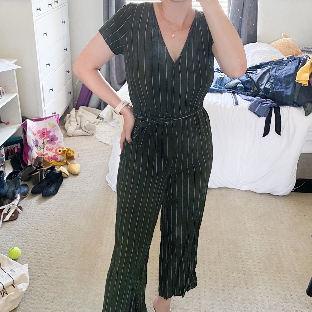 Green striped jumpsuit with button detail